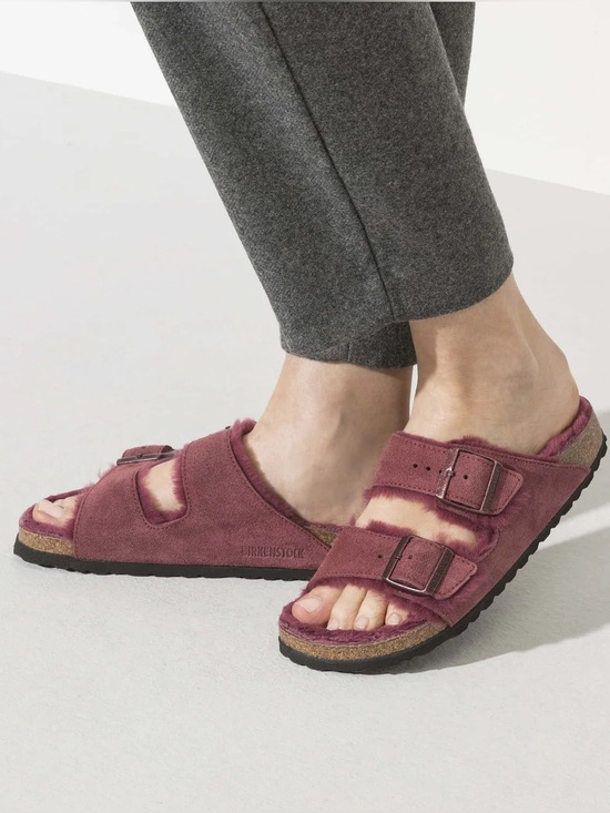 Birkenstock Shoes - Birkenstock Women's Arizona MAROON Suede Shearling Sandal 41/10 Narrow NEW